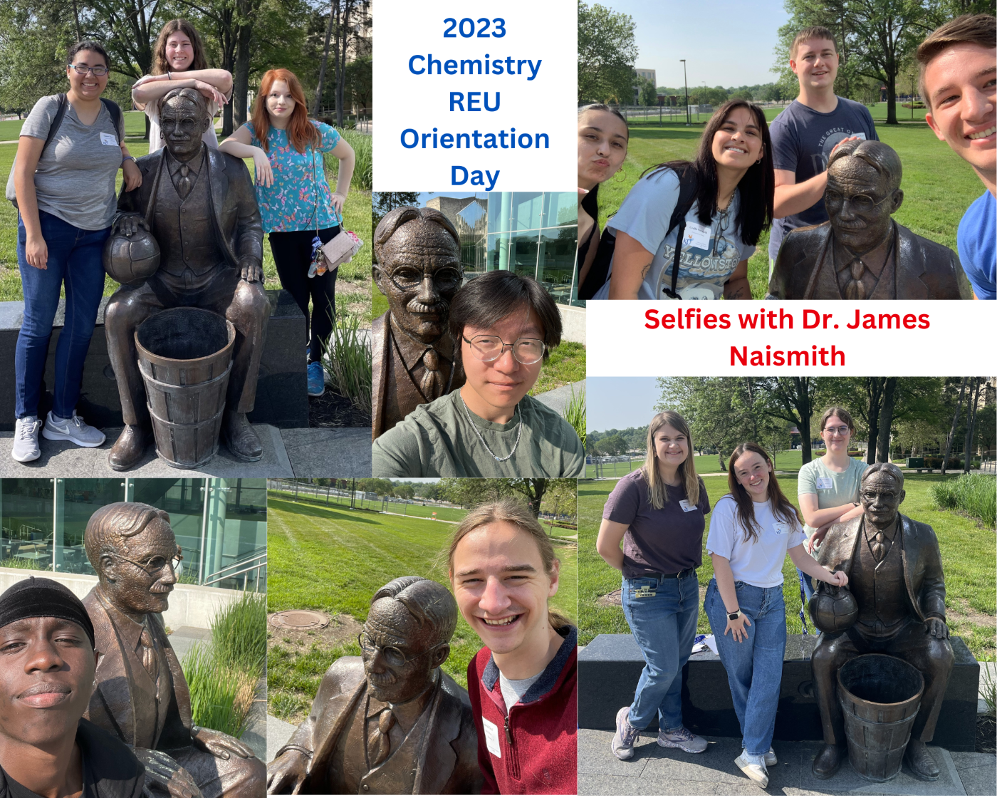 2023 REU Participants in selfies with Dr. James Naismith statue
